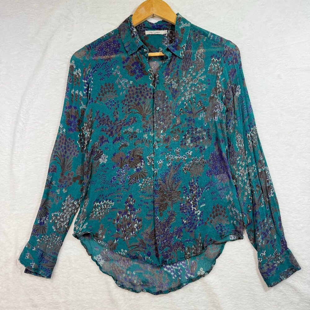 Mes Demoiselles 36 S Floral Teal Blue Silk Top Sheer Romantic Cottage Fairy Boho